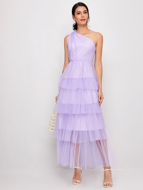 One Shoulder Layered Ruffle Mesh Overlay Dress Pastel Gowns Classy, One Shoulder Tulle Dress, Lavender Chiffon Dress With Ruffles, Elegant Lavender Tiered Dress, Ruffle Lavendar Dress, Ruffle Dress Formal, Tulle Layered Dress, Pastel Dress Formal, Selection Dresses