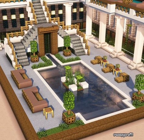 Minecraft Hotel Lobby Interior Design, Pool House Minecraft, Minecraft Pool Design, Minecraft Indoor Pool Ideas, Pool Ideas Minecraft, Indoor Pool Minecraft, Minecraft Swimming Pool Ideas, Minecraft Resort Ideas, Minecraft Hotel Ideas