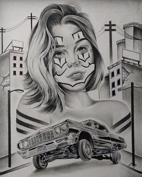 Lowrider Drawings, Traditional Chicano Tattoos, Lowrider Tattoo, Art Chicano, Chicanas Tattoo, Chicano Tattoos Sleeve, Catrina Tattoo, Chicano Love, Latino Art