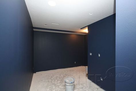 Dark Blue Man Cave, Sherwin Williams Indigo, Blue Basement, Bedroom Rich, Seaside Interiors, Media Room Paint Colors, Dining Room Paint Colors, Navy Paint, Movie Room Decor