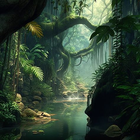 Jungle Nature Forests, Jungle Landscape Painting, Rain Forest Fantasy Art, Fantasy Water Landscape, Fantasy Tropical Forest, Jungle River Illustration, Fantasy Jungle Kingdom, Fantasy Jungle Concept Art, Fantasy Jungle Landscape