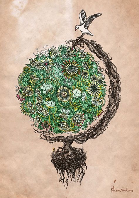 Barbarana Illustration Aesthetic Earth Drawing, Green World Drawing, Earth Drawing Aesthetic, Earth Drawings, Green World, Nature Tattoos, Environmental Art, Dreamcatcher Tattoo, Landscape Art