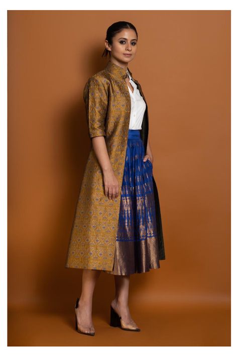 Indian Plus Size Fashion, Indian Silk Suits, Brocade Indo Western Outfits, Brocade Skirt And Blouse Styles, Unique Indo Western Outfits For Women, Brocade Styles For Women, Indian Fusion Wear, Saree Reuse, Brocade Jacket