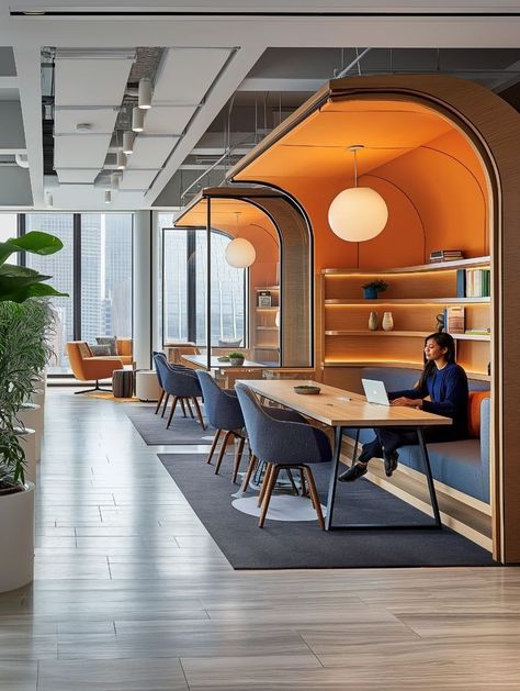 Company Cafeteria Design, Open Office Designs, Office Design Open Space, Office Cafe Interior Design, Cowork Space Design, Colorful Corporate Office, Pantry Area Design, Work Cafe Office, Collaboration Area Office