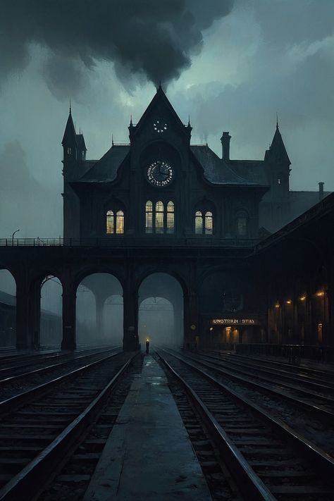 Fantasy Industrial City, Medieval Steampunk City, Victorian Steampunk Aesthetic, Train Dark Aesthetic, Old City Aesthetic Dark, Gothic Train Station, Dark Steampunk City, Angel Stories, Dystopian Aesthetic