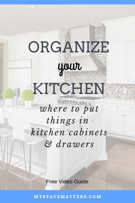 The best way to organize your kitchen cabinets and drawers. Learn where to put things in kitchen cabinets with this video guide and cheat sheet. Organize your kitchen by sorting your cabinets and drawers into zones. This video shows you the best place to put away things in your kitchen. #worktriangle #efficientkitchen, #kitchenzones #kitchenorganization #professionalorganizer Kitchen Where To Put Things, Organize Your Kitchen Cabinets, Kitchen Cabinet Organization Layout, Kitchen Cabinets And Drawers, Kitchen Cupboard Organization, Kitchen Cabinet Layout, Organize Your Kitchen, Kitchen Cabinet Drawers, Gray Cabinets