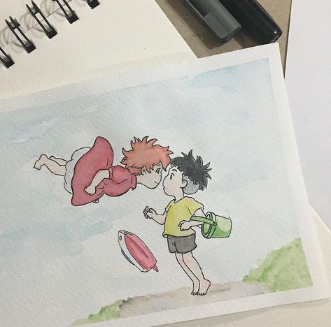 Studio Ghibli Watercolor Art Easy, Ghibli Drawing Watercolor, Watercolor Art Studio Ghibli, Ponyo Drawings Sketch, Ponyo Studio Ghibli Drawing, Ponyo Drawings Studio Ghibli Art, Ghibli Drawing Sketch, Ghibli Watercolor Painting, Ponyo Watercolor