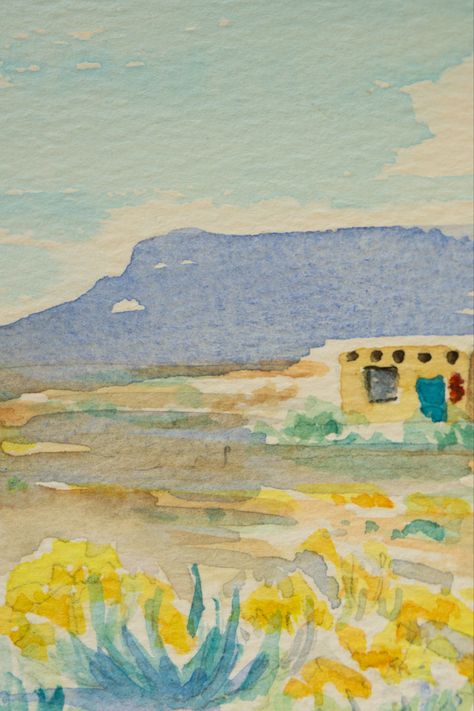 Watercolor painting of a small adobe house with a chile riestra on the front, a mesa in the background, sage and rabbit brush in the foreground Sketching Images, Adobe Houses, Sage Brush, Land Of Enchantment, High Desert, Color Art, Watercolor Sketch, The Land, New Mexico