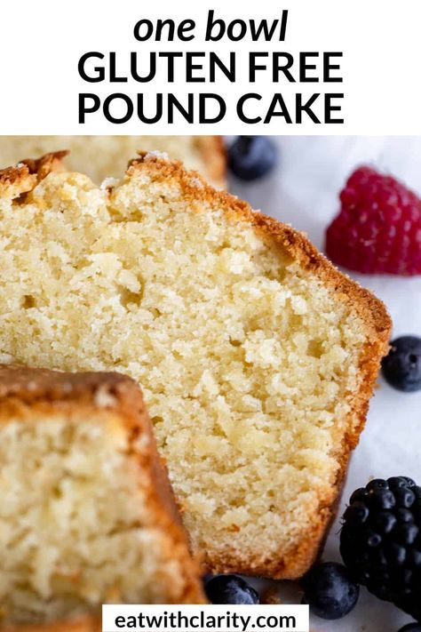 This gluten free pound cake is moist, tender and so easy to make. This pound cake is perfect with whipped cream and berries for an easy summer dessert that's made in one bowl. This gluten free cake can be made dairy free! Gf Pound Cake Recipe, Gluten Free Pound Cake Recipes Moist, Paleo Pound Cake, Gluten Free Fall Desserts, Dairy Free Greek Yogurt, Gluten Free Pound Cake, Gluten Free Cake Recipe, Pound Cake Recipe, Vanilla Icing