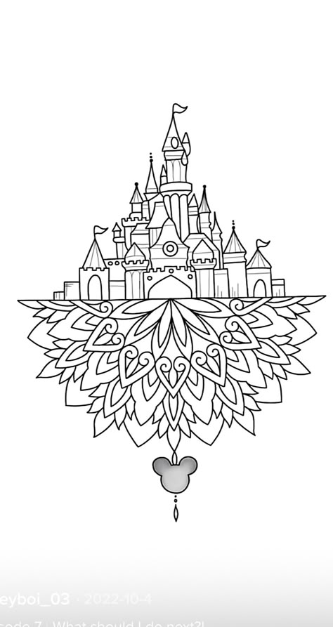 Disney Mandala Tattoo, Disney Castle Drawing, Tattoos Disney, Disney Inspired Tattoos, Disney Sleeve Tattoos, Meaningful Tattoo Quotes, Inspired Tattoos, Disney Tattoo, Cute Little Tattoos