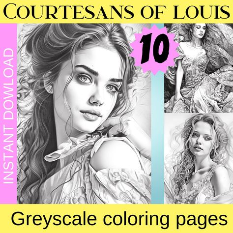 Excited to share the latest addition to my #etsy shop: Grayscale Coloring Pages for Adult of Magnificent Courtesans of King Louis 14 3 | adult color pages | Grayscale Illustration | Printable PDF https://etsy.me/40mGH6b #adultcolorpages #grayscale #coloring #illustrati Grayscale Coloring Books Free, Grayscale Illustration, Grayscale Coloring Books, Grayscale Coloring Pages, Color Pages, Grayscale Coloring, Digital Art Illustration, Colouring Pages, Detailed Image