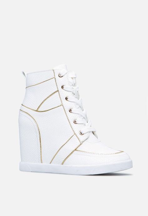 Sierra Wedge Sneaker in White - Get great deals at JustFab Website For Clothes, Womens Hoodies Casual, High Hills, Chunky Wedges, Feel The Beat, Wide Width Boots, Luxury Designer Shoes, Sneakers Looks, Prom Dress Ideas