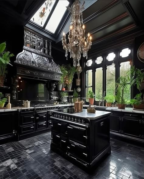 Dark Gothic House Aesthetic, Goth Exterior Home, Goth Victorian Kitchen, Dark Aesthetic Kitchen Ideas, Gothic House Kitchen, Gothic Kitchen Aesthetic, Victorian Goth House, Goth Cottage Core Home Decor, Goth House Exterior