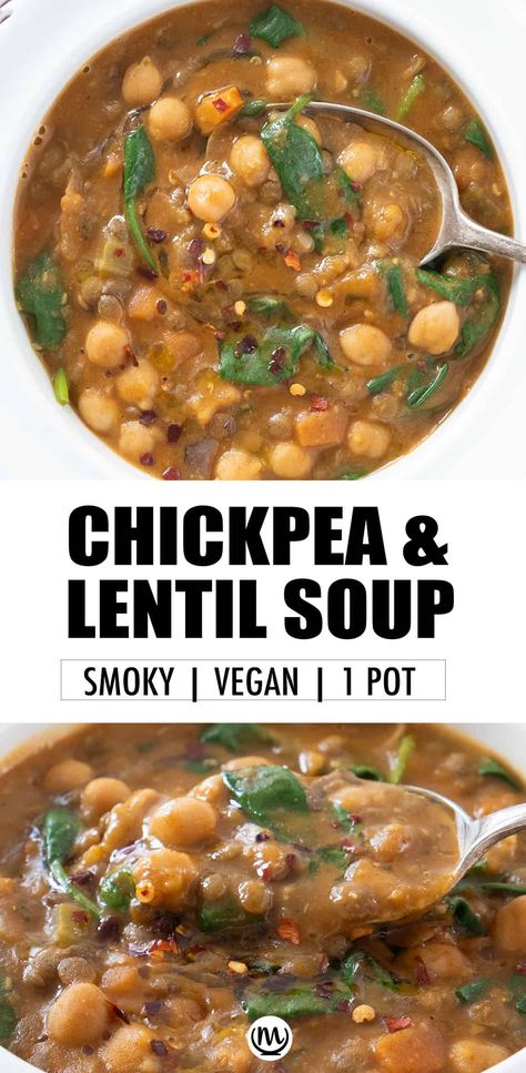 This smoky chickpea and lentil soup is packed with flavor, plant-based protein, and requires just 1 pot and around 30 minutes to make! #veganrecipes #chickpearecipes #lentilrecipes #souprecipes #glutenfreerecipes #healthydinnerrecipes Chickpea Lentil, Chickpea Soup, Lentil Soup Recipes, Spinach Soup, Chickpea Recipes, Veggie Soup, Vegan Soups, Lentil Recipes, Vegan Soup