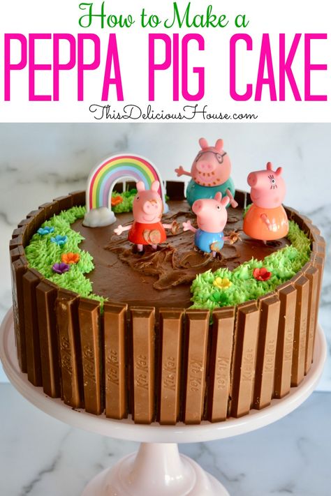 Make a Peppa Pig Birthday Cake with a few simple steps. Get the complete tutorial on how to make a Kit Kat cake with Peppa Pig and friends. #peppapigbirthdaycake #kitkatcake Pig Birthday Party Decorations, Bolo Da Peppa Pig, Peppa Pig Birthday Party Decorations, Greta Gris, 4de Verjaardag, Peppa Pig Birthday Cake, Kitkat Cake, Kit Kat Cake, Caterpillar Birthday