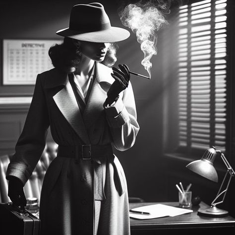 Noir Aesthetic Women, Detective Outfit Female Vintage, Film Noir Women, Detective Woman Aesthetic, Mafia Woman Art, Female Mobster, Mafia Woman Aesthetic, Noir Detective Aesthetic, 1920s Aesthetic Women