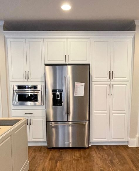 Wall Cabinets With Fridge, Pantry Cupboard Next To Fridge, Gap Between Fridge And Cabinet, Built In Pantry Cabinet Wall With Refrigerator, Pantry Wall With Refrigerator, Built In Cabinets Around Fridge, Refrigerator Pantry Wall, Pantry Cabinets Around Refrigerator, Pantry Around Fridge