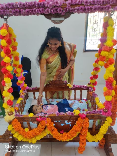 Cradle ceremony/ Naming ceremony cradle for rental Baby Cradle Decoration Ideas, Cradle Decoration, Indian Baby Shower Decorations, Naming Ceremony Decoration, Christening Themes, Cradle Ceremony, Wooden Cradle, Indian Baby Showers, Ganapati Decoration