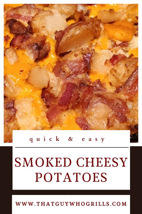 Easy Smoked Side dish recipes are my jam, and these Smoked Cheesy Potatoes are some of the best! They are the perfect side dish for smoking any meat; smoked brisket, prime rib, ribs, steak, chicken, pork, turkey, or ham it doesn’t matter.   Red potatoes, shredded cheese, bacon, mayo, and sour cream combine to make this dish.! The bacon and cheese are the ideal complements to the potatoes! Pin to your Smoking Foods Pinterest board for later! Sides For Smoked Ribs, Bacon Mayo, Smoked Potatoes, Cheesy Potatoes Recipe, Scalloped Potatoes And Ham, Bacon And Cheese, Smoked Ribs, Smoked Cooking, Potato Sides