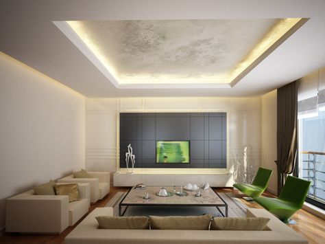 Living room with recessed ceiling containing recessed lighting. Beige furniture, wood floor and large square coffee table Cove Lighting Design, Contemporary Ceiling Design, Beige Furniture, False Ceiling Living Room, House Ceiling Design, Ceiling Design Living Room, Ceiling Design Modern, Ceiling Light Design, Trendy Living Rooms