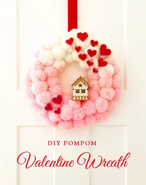 How to make your own pink ombre pompom wreath for Valentine’s Day Pom Pom Wreath Valentines Day, Valentines Pom Pom Wreath, Pom Pom Valentine Wreath, Pom Pom Valentine Craft, Pom Pom Heart Wreath, Valentine Pom Pom Crafts, Valentine’s Day Wreath Ideas, Valentine’s Day Wreath Diy, Valentine’s Day Diy Decor