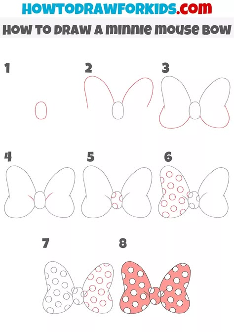 How to Draw a Minnie Mouse Bow - Easy Drawing Tutorial For Kids Step By Step Minnie Mouse Drawing, Easy Minnie Mouse Painting, Minnie Mouse Drawing Easy Step By Step, Minnie Mouse Chalk Art, Mickey Mouse Drawing Easy Step By Step, How To Draw Minnie Mouse Step By Step, How To Draw Minnie Mouse, Minnie Mouse Painting On Canvas, Minnie Mouse Drawing Easy