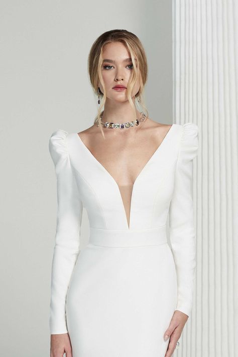 Justin Alexander Signature - Style 99224: Clean Fit and Flare Gown with Plunging V-Neck and Puff Sleeves Wedding Dress Over 40, Flare Gown Styles, Justin Alexander Signature, Crepe Wedding Dress, Minimalist Fashion Women, Flare Gown, Fit And Flare Wedding Dress, Justin Alexander, Fit And Flare Skirt