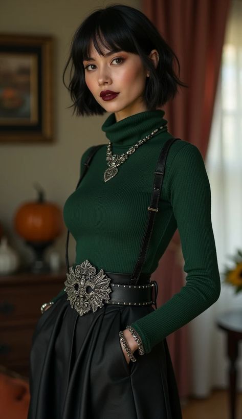 Step into autumn with this stunning outfit featuring an elegant woman in a green turtleneck, black leather skirt, and vintage jewelry 🍂✨ Perfect for a photoshoot or just adding a touch of sophistication to your everyday look. The rich hues and textures are perfect for the cozy season ahead. #fallfashion #autumndecor #interiorfashion #outfitinspiration #vintagestyle #fashionphotoshoot #ootd 🍁 #elegantwoman #aestheticstyle #blackleatherskirt #greeneryvibes Green Winter Outfits, Green Turtleneck Outfit, 1800 Clothing, Turtleneck Outfit Layering, Western Gothic, Turtleneck Outfit, Black Leather Skirt, Green Turtleneck, Cozy Season