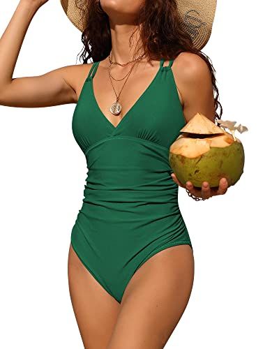 Charmo Tummy Control One Piece Swimsuits for Women Ruched Bathing Suits Strappy V Neck Monokini Full Coverage Swim Bottoms, Tummy Pooch, Colorblock Swimsuit, Pink Bathing Suits, High Cut Swimsuit, Orange Swimsuit, Maternity Swimsuit, Swimsuits For Women, 1 Piece Swimsuit