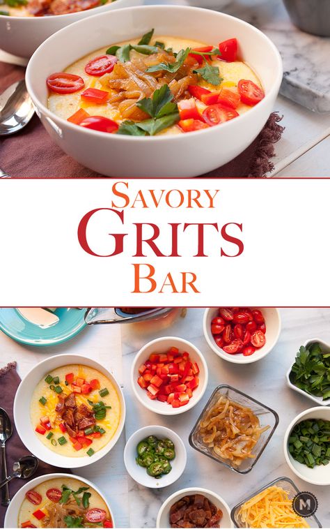 Savory Grits Bar: This is my favorite brunch for a crowd. Make a big batch of grits and set out a spread of delicious toppings! Guests can make their own bowls and the varieties are endless. Check out the comments for reader suggestions! Grits Bar Ideas, Grit Appetizers, Grits Bar Toppings, Grits Toppings, Grit Bar Toppings, Grits Bar Brunches, Shrimp And Grits Bar, Grits For A Crowd, Shrimp And Grits Bar Wedding