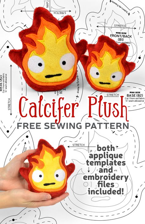 Simple Animal Pattern, Ghibli Felt Pattern, Mothman Sewing Pattern, Felt Plush Pattern Free, Felt Free Pattern, Calcifer Plush, Anime Stuffed Animals, Sewing Stencils, Choly Knight