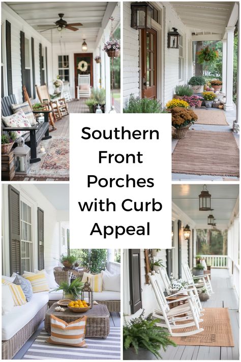 Tips and ideas for making the perfect Southern front porch to add curb appeal to your home. White Rocking Chairs On Front Porch, Front Porch Furniture Layout Ideas, Hydrangea Front Porch, Big Front Porch Ideas, Long Narrow Front Porch Ideas, Front Porch Furniture Layout, Farmhouse Porch Columns, Narrow Front Porch Ideas, Southern Front Porch Ideas