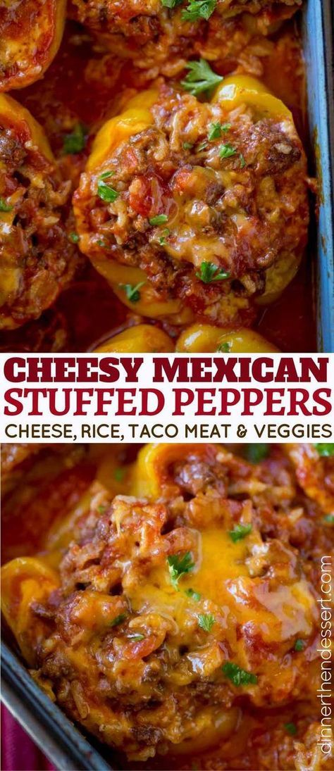 You'll love these Cheesy Taco Stuffed Peppers! Mexican Stuffed Peppers made with ground beef, rice, salsa and cheese. Perfect for meal prepping and easy weeknight dinners! Stuffed Peppers Mexican, Capirotada Recipe, Mexican Stuffed Peppers, Taco Stuffed Peppers, Ground Beef Rice, Authentic Mexican Recipes, Beef Rice, Stuffed Pepper, Peppers Recipes