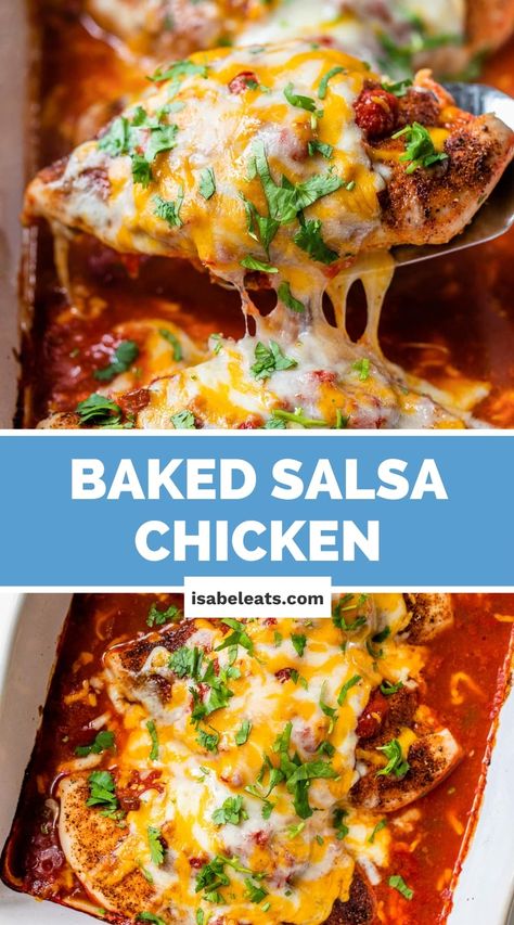 This tasty Salsa Chicken is a simple and healthy dish made from chicken breasts flavored with Mexican spices, topped with a chunky salsa, and baked with melted ooey-gooey cheese! It's an easy and delicious dinner the whole family will love. Baked Boneless Skinless Chicken Breast, Mexican Chicken Breast, Baked Salsa Chicken, Mexican Chicken Bake, Isabel Eats, Healthy Mexican Recipes, Easy Chicken Breast, Recipes Authentic, Chunky Salsa