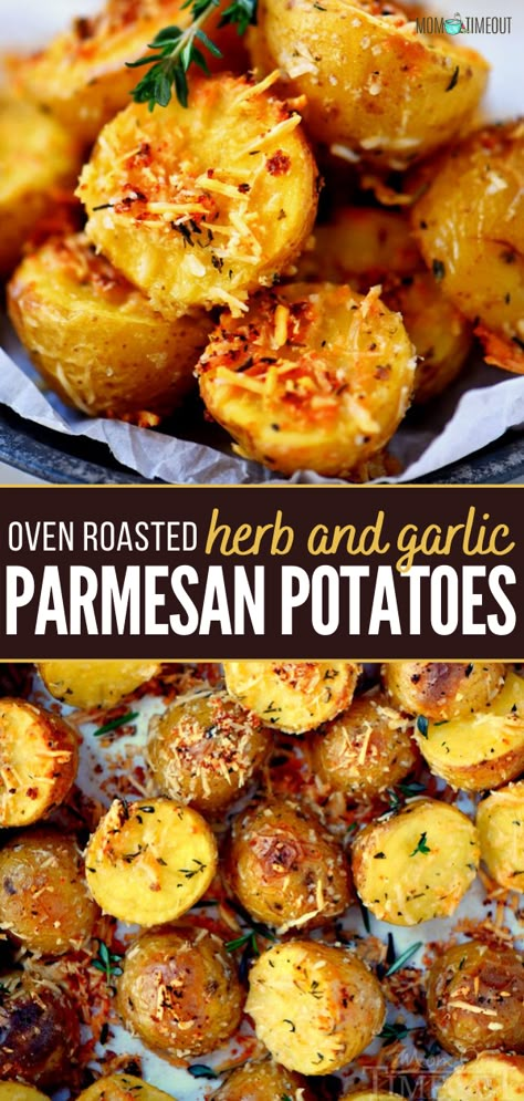 Garlic Parmesan Potatoes, Parmesan Roasted Potatoes, Roasted Baby Potatoes, Mom On Timeout, Potatoes In Oven, Oven Roasted Potatoes, Roasted Potato Recipes, Parmesan Potatoes, Potato Recipes Side Dishes