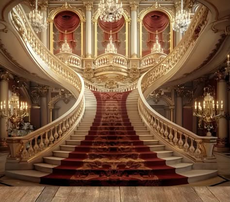 Ball Room Background, Ballroom Stairs, Staircase With Lift, Baroque Staircase, 2000s Mansion, Royal Palace Aesthetic, Royal Staircase, Royal Castles Interior, Fancy Ballroom