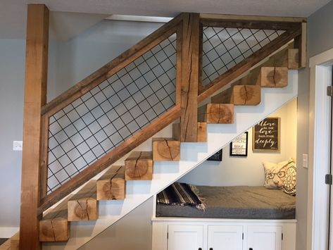 Amazing staircase! Stairs Interior Design, Stairs Rustic, Wild Hog Railing, Stairs Interior, Custom Stairs, Loft Railing, Farmhouse Stairs, Rustic Staircase, Interior Stair Railing