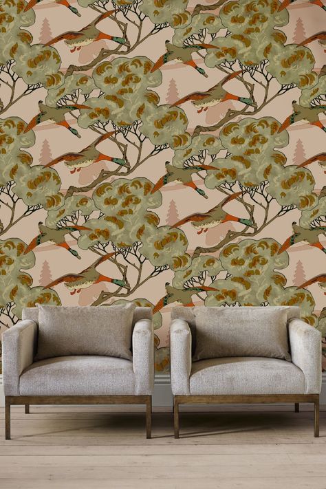 Grand Flying Ducks Wallcovering #traditionalhome #traditionalhomeinteriors #colorfulecclectichome #wallpaperinsp #walltexturedesign #cozyhouse #wallmurals #preppydecor #preppyhome Ducks Wallpaper, Flying Ducks, Flying Duck, Mallard Ducks, Duck Wallpaper, Preppy Decor, Mulberry Home, Large Scale Wallpaper, Wallpaper Direct