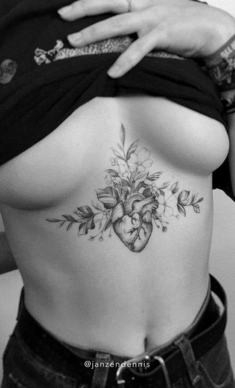 Anatomic Heart Tattoo, Flower Underboob Tattoo, Anatomic Heart, Anatomical Tattoos, Aztec Tattoos Sleeve, Underboob Tattoo Designs, Private Tattoos, Anatomical Heart Tattoo, Underboob Tattoo