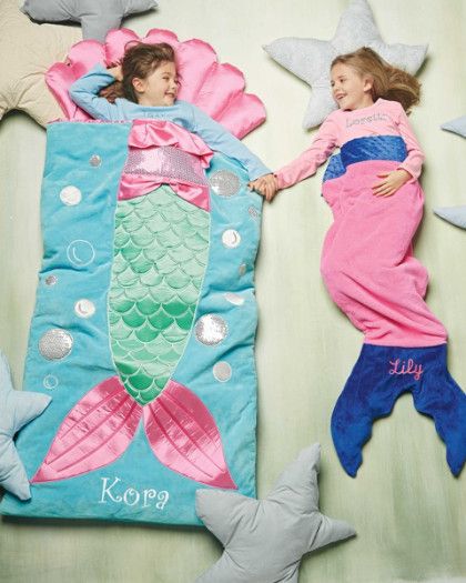 Personalized Mermaid Sleep Sack - exclusively ours - What a splash she'll make at the next slumber party. Any water-loving girl becomes a mermaid the instant she slips into this plush sleep sack. Machine Wash. Mermaid Sleeping Bag, Mermaid Sleeping, Shell Pillow, Mermaid Kids, Kids Sleeping Bags, Mermaid Blanket, Baby Sleeping Bag, 자수 디자인, Camping Essentials