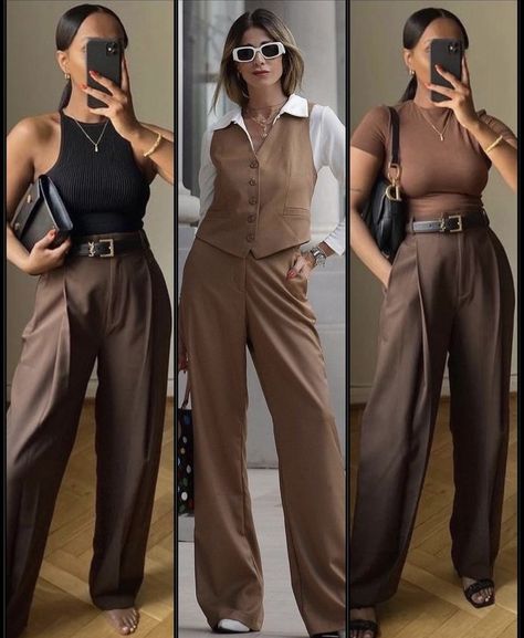 Brown Trousers Outfit Women, Capsule Wardrobe Women, Color Combos Outfit, Formal Wear Women, Elegant Outfit Classy, Easy Chic, Stylish Work Attire, Business Casual Outfits For Work, Elegante Casual