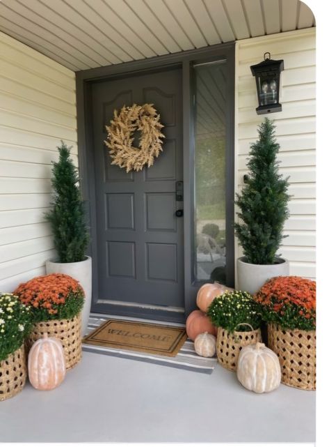 Porch Fall Decor, Front Porch Makeover, Painted Patio, Porch Makeover, Fall Front Porch Decor, Small Front Porches, Concrete Porch, Small Porches, Casa Exterior