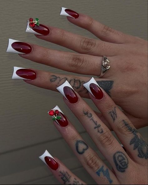 Nails Ideas Short, Vday Shoot, Nail 2023, Red And White Nails, Red Acrylic Nails, Duck Nails, Cherry Nails, Drip Nails, French Acrylic Nails