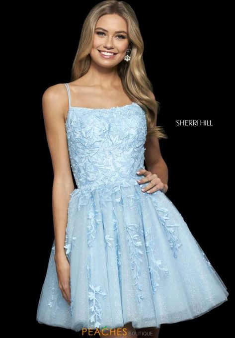 This Sherri Hill short dress 53985 features a scoop neckline and lace bodice. Light Blue Cocktail Dress, Sherri Hill Short, Sherri Hill Short Dresses, Bat Mitzvah Dresses, Grad Dresses Short, A Line Cocktail Dress, Blue Homecoming Dresses, Prom Designs, Blue Cocktail Dress