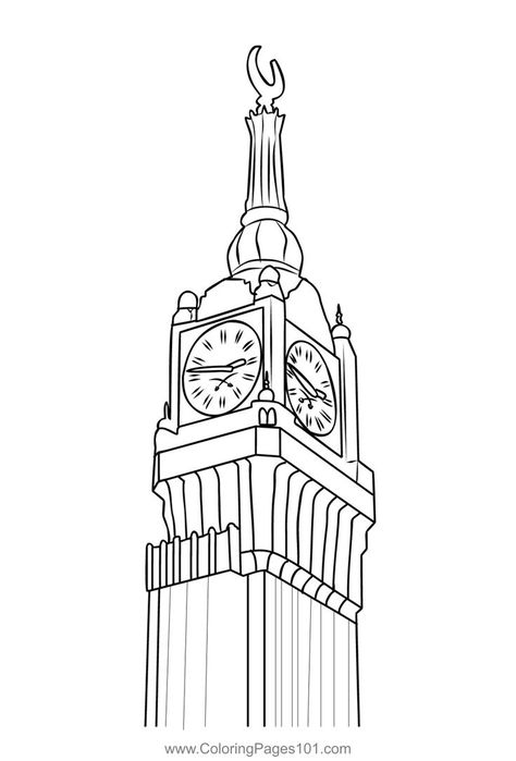 Saudi Arabia Clock Tower Coloring Page Clock Drawings, Eye Drawing Tutorials, Car Wall Art, Clock Tower, Book Art Drawings, Eye Drawing, Free Kids, New Print, Printable Coloring Pages