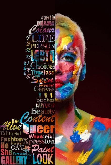 Photo lgbtq gay and portrait of a woman ... | Premium Photo #Freepik #photo #pose #pride-background #lgbt-background #woman-standing Black Body Painting, Pride Art Ideas, Lgbtq Photos, Lgbt Background, Pansexual Aesthetic, Lgbtq Photography, Pride Photography, Queer Vibes, Party Collage