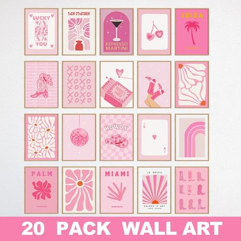 Buy Pink Wall Art Set of 20, Trendy Retro Poster, Pink Bedroom ,preppy Room Decor,barbiecore Aesthetic, Dorm Room Decor Online in India - Etsy Pink Bedroom Preppy, Bedroom Preppy, Pink Dorm Room Decor, Barbiecore Aesthetic, Pink Dorm Rooms, Pink Dorm, Collage Mural, Maximalist Wall Art, Dorm Wall Decor