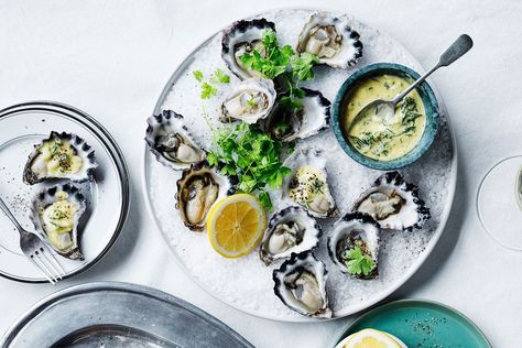 Oysters with vinaigrette recipe - Recipes - delicious.com.au Chorizo Dressing, Summer Burgers, Pork Belly Tacos, Prawn Cocktail, Oyster Recipes, Party Snack Food, Zucchini Salad, Fresh Oysters, Vinaigrette Recipes