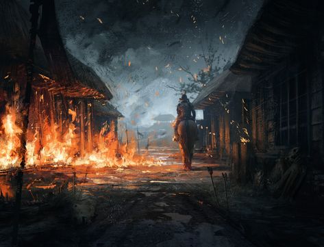 ArtStation - Slaughtered Village, Imad Awan Fantasy Battle Aesthetic, Viking Village, Fantasy Village, Building Painting, My Fantasy World, Fantasy Book, Fantasy Story, Dnd Art, Fantasy Novel