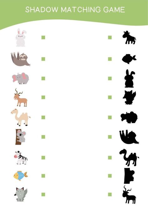 Animals matching shadow game for Preschool Children. Educational printable worksheet. Matching the images with the shadow worksheet. Vector file. Shadow Matching Worksheets For Preschool, Match The Shadow Worksheet, Shadow Matching Worksheets, Shadows Preschool Activities, Shadow Worksheet, Shadow Lessons, Shadow Activities, Game For Preschool, Preschool Activities Printable